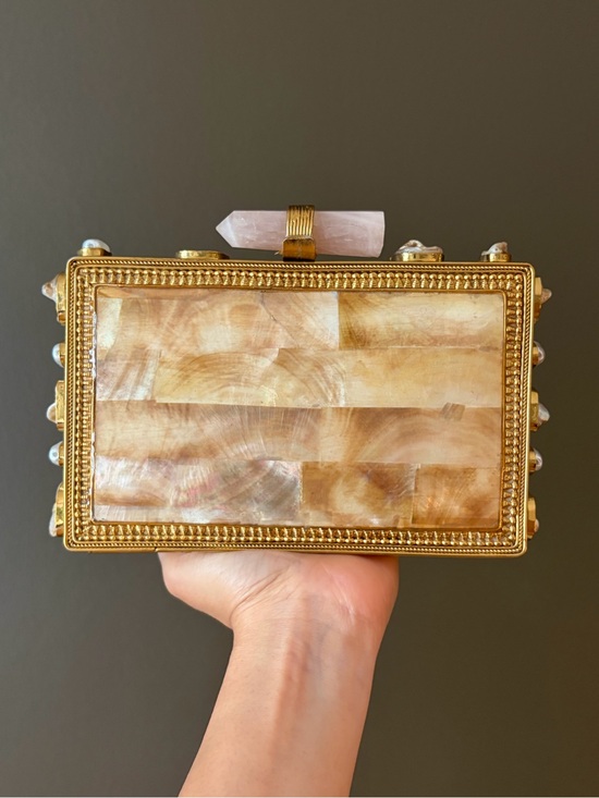 Handbags - Gold and Shell Rectangular Evening Clutch with Rose Quartz Accent